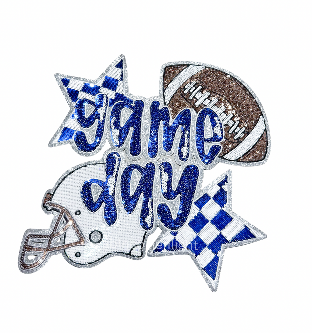 Royal Blue Game Day Checkered Football Sequin Patch - Large
