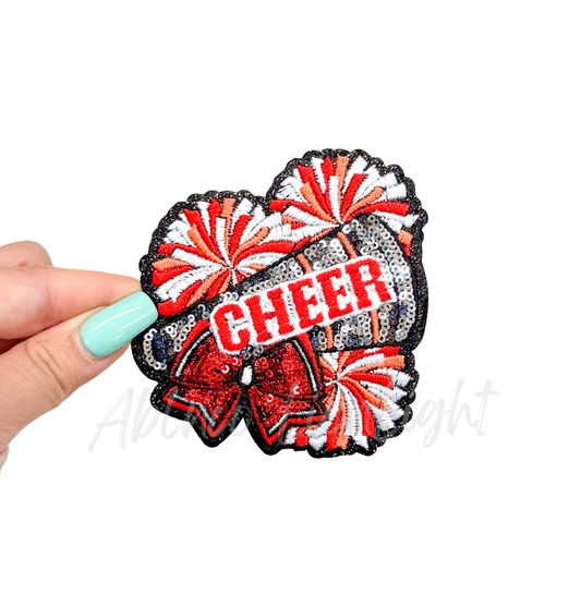 Red Cheer Bow Megaphone Poms Sequin Patch - Small