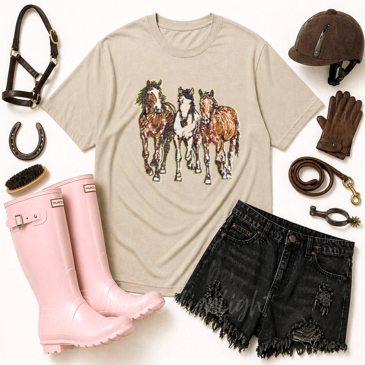 Horses Farming Sequin Patch Tshirt