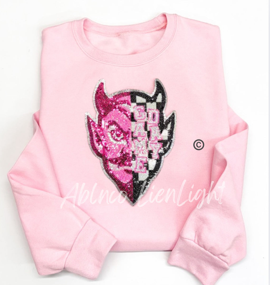 Devils Mascot Pink Checkered Sequin Patch - Large