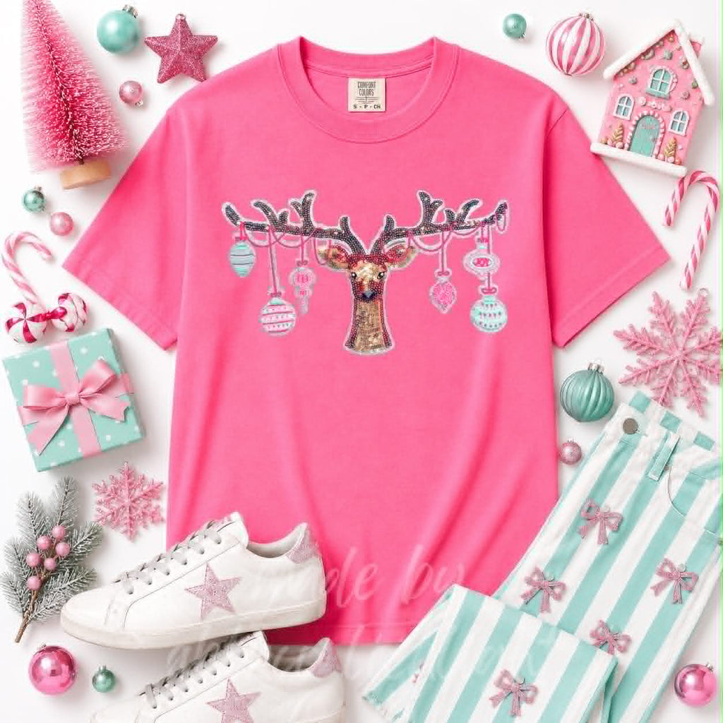 Ornament Reindeer Christmas Sequin Patch Tshirt