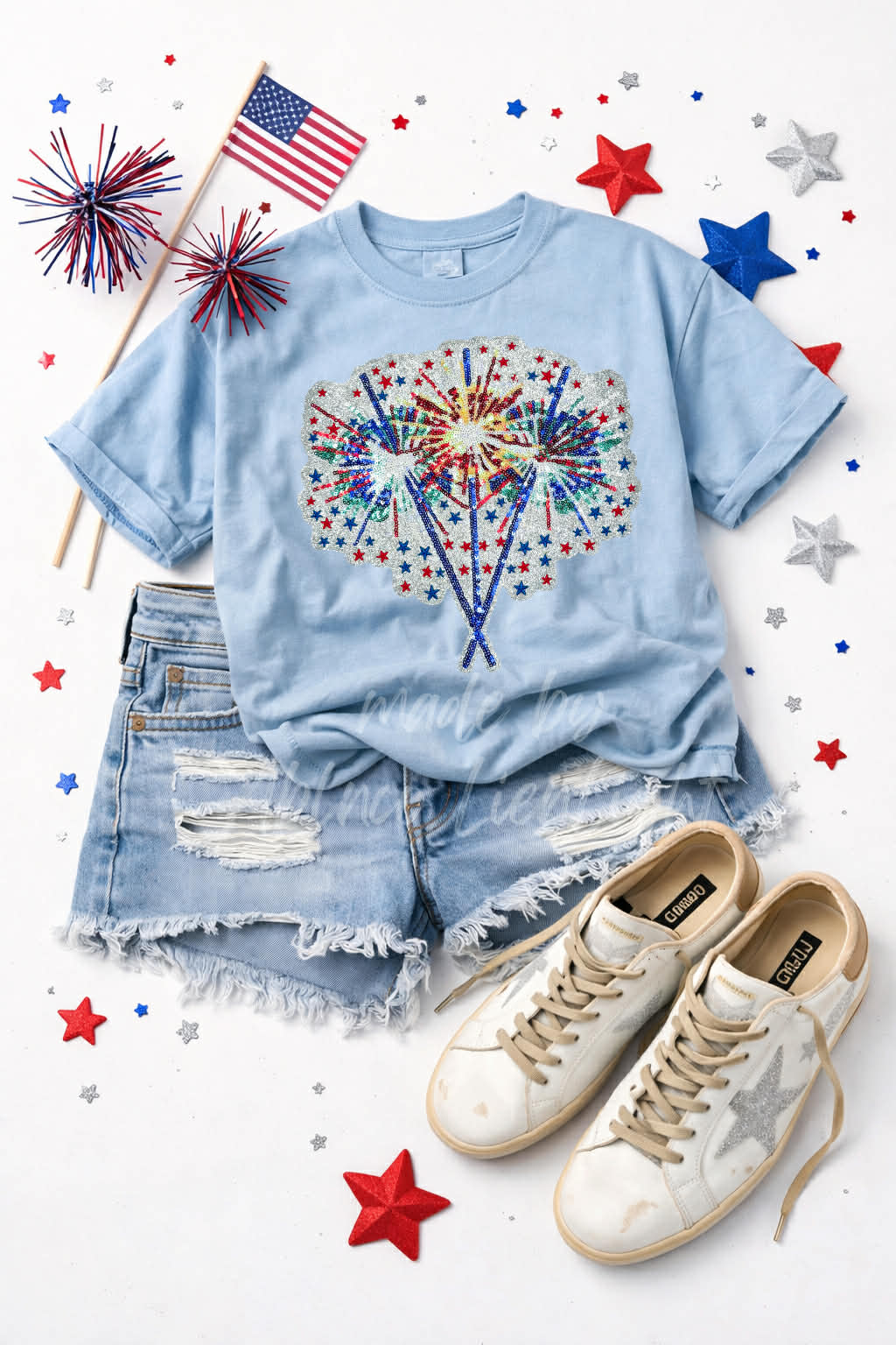 Red White and Blue 4th of July Sparklers Sequin Patch Tshirt