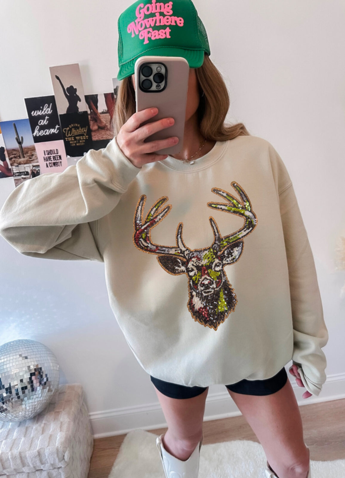 Camo Deer Hunting Sequins Patch Sweatshirt