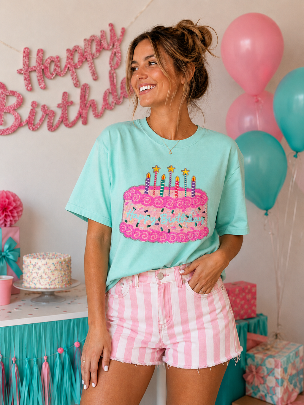 Happy Birthday Cake Pink Sequin Patch Tshirt
