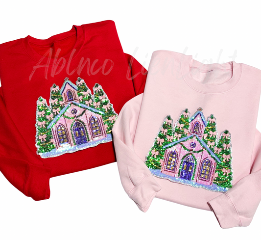 Pink Church Bow Valentines Day Sequins Patch Sweatshirt