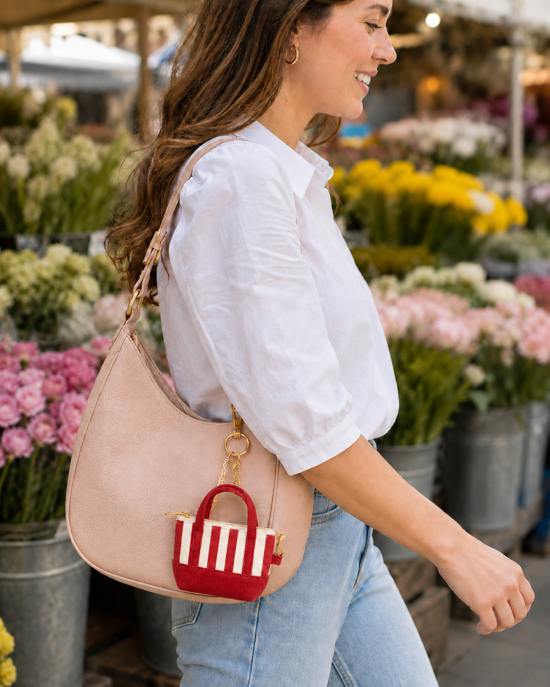 Red Striped Mini Tote Bag Keychain | Zippered Purse Charm & Pouch