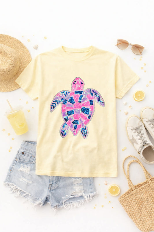 Pink and Blue Turtle Summer Sequin Patch Tshirt