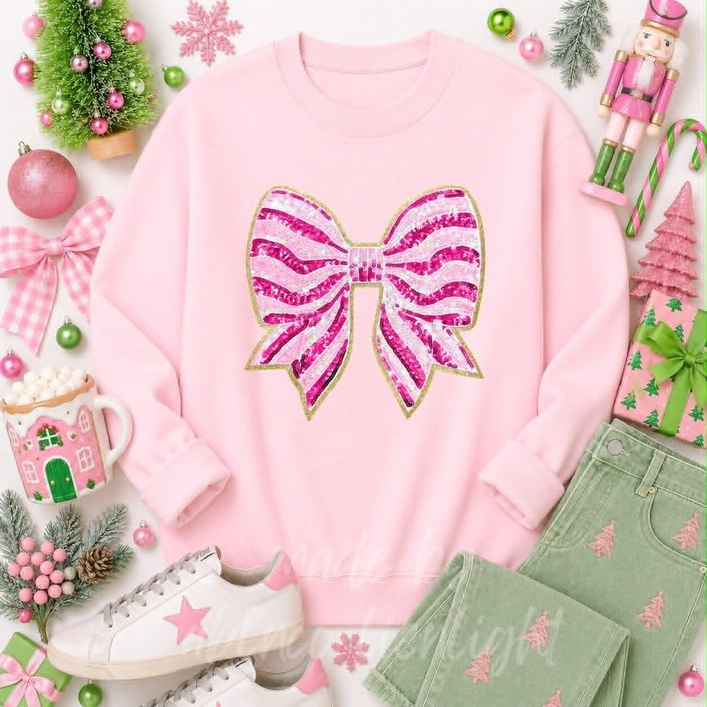 Pink Stripe Bow Christmas Sequin Patch Sweatshirt