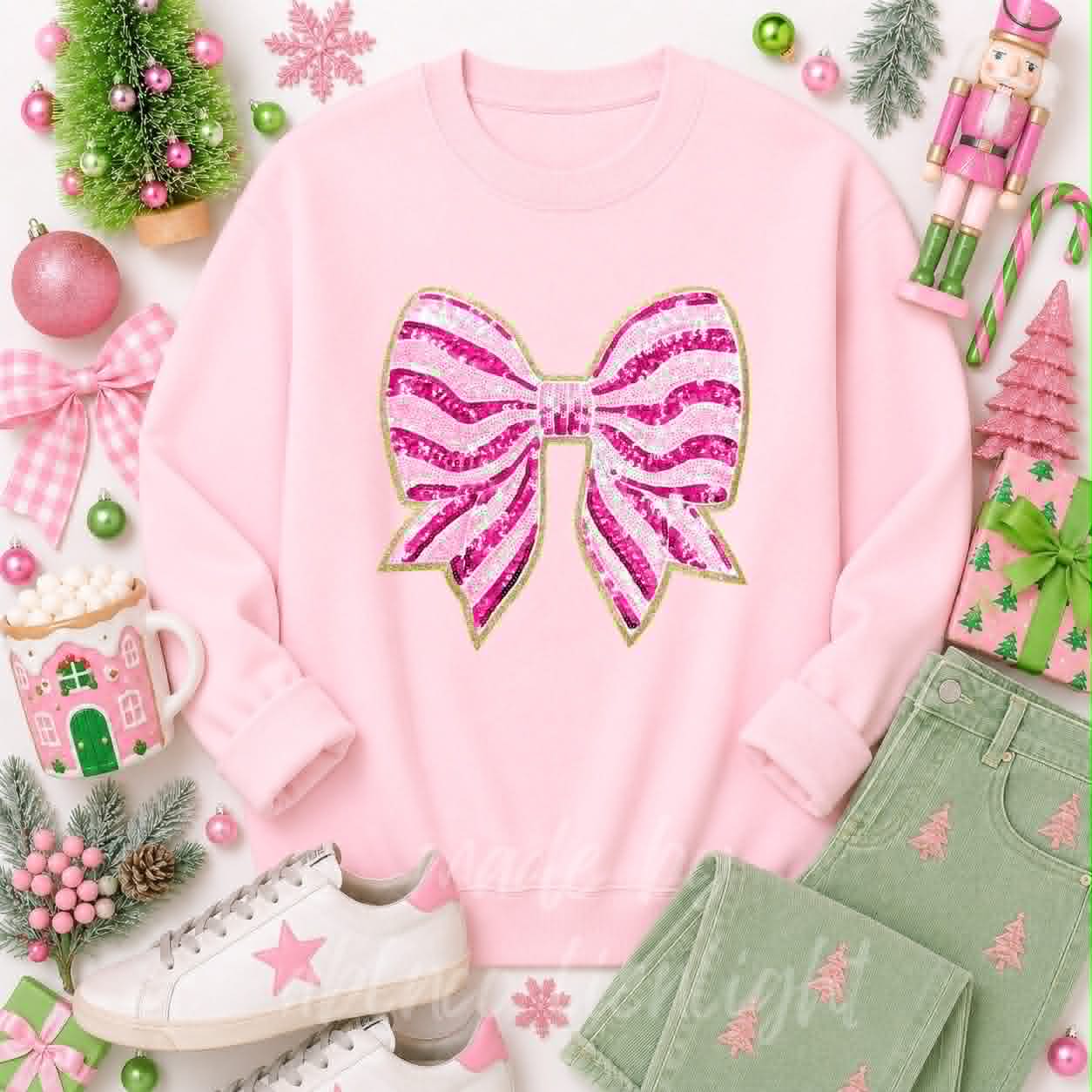 Pink Stripe Bow Christmas Sequin Patch Sweatshirt