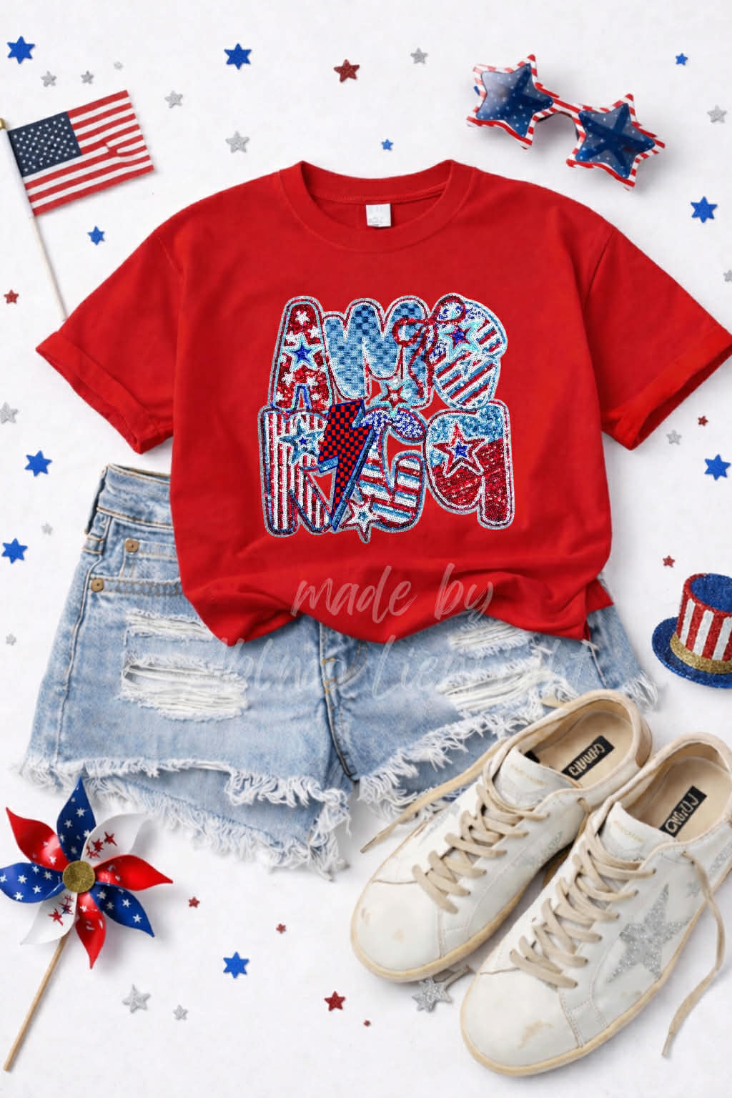 Retro America 4th of July Sequin Patch Tshirt