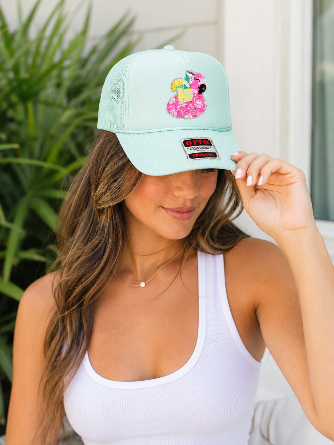 Sequin Flamingo Float Summer Patch Otto Trucker Hat