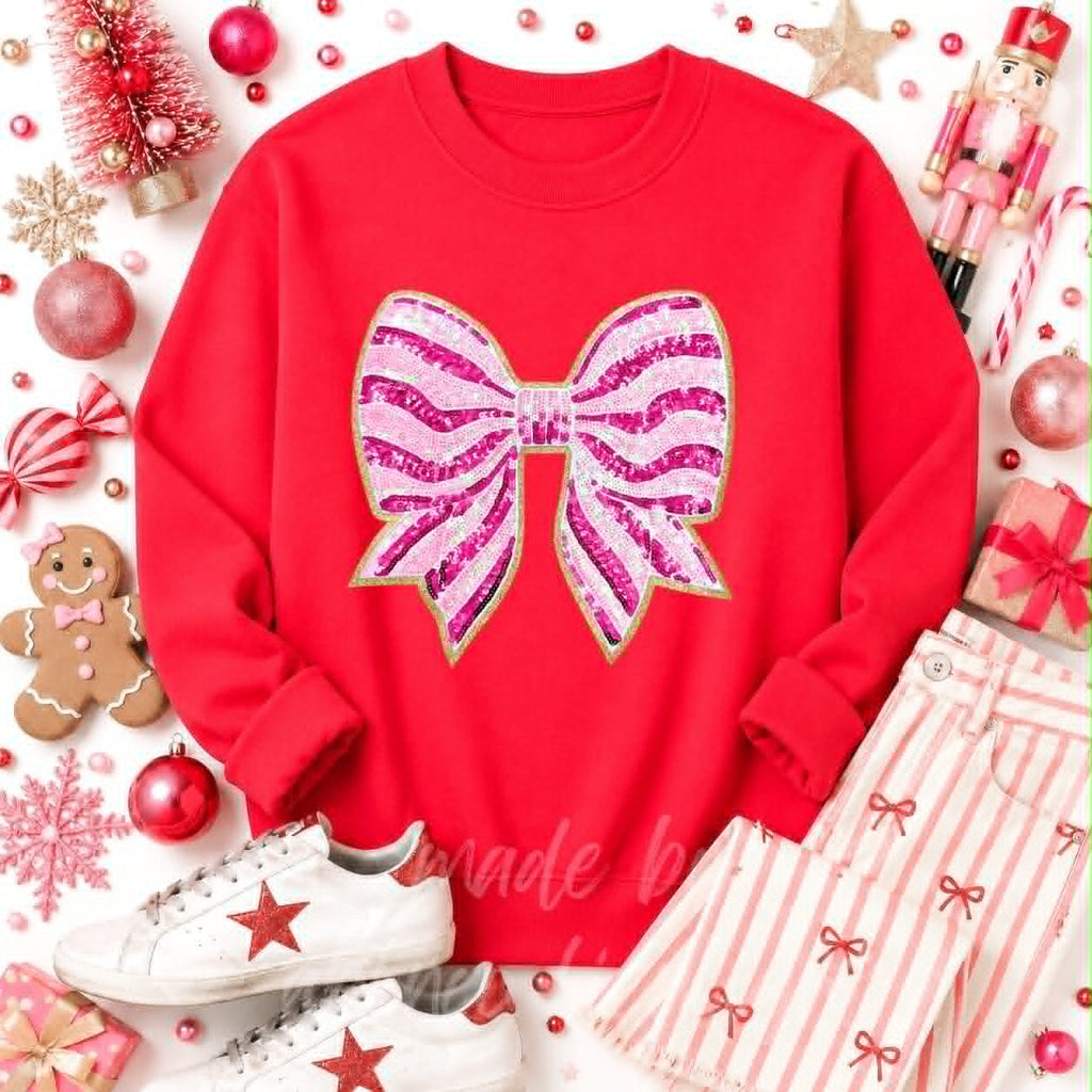 Pink Stripe Bow Christmas Sequin Patch Sweatshirt