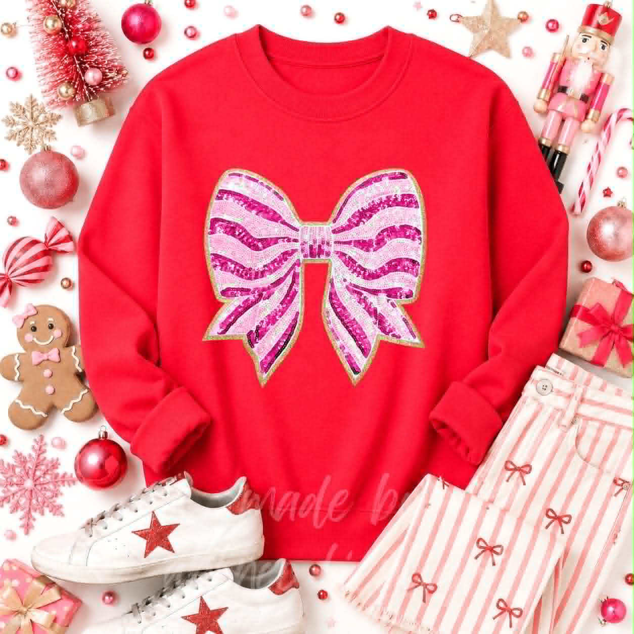 Pink Stripe Bow Christmas Sequin Patch Sweatshirt