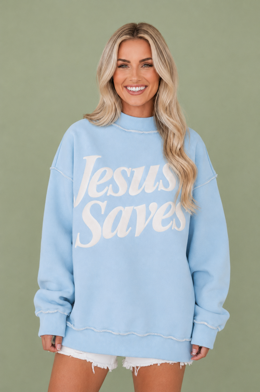Jesus Saves Print Mock Neck Sweatshirt | Christian Pullover
