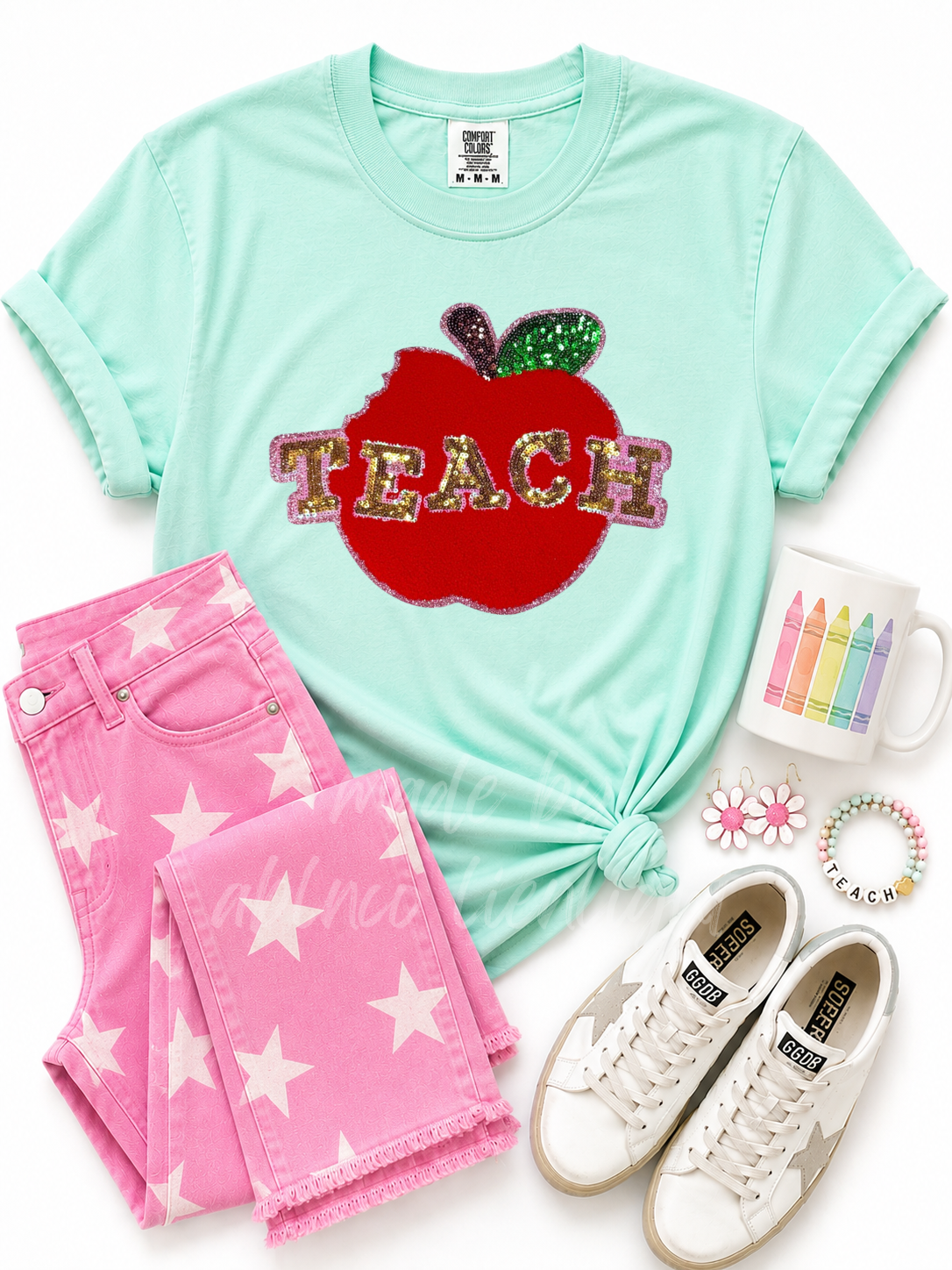 Teach Apple Teacher Chenille Sequin Patch Tshirt