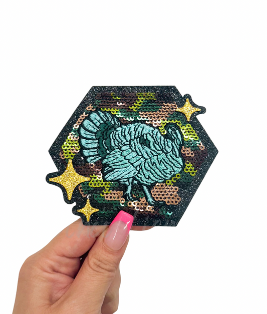 Camo Turquoise Turkey Hunting Sequin Patch