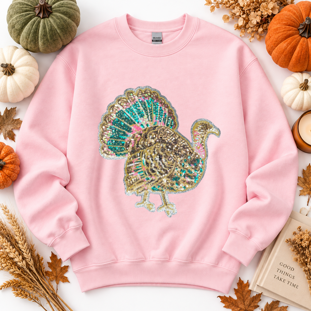 Colorful Turkey Thanksgiving Fall Sequin Patch Full Length Sweatshirt