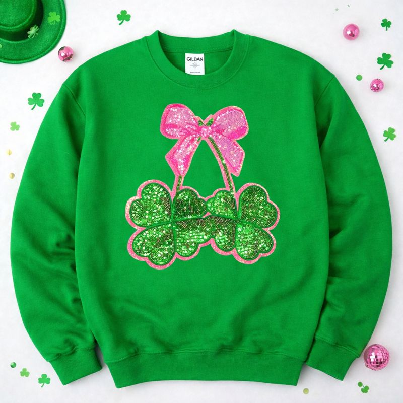 Pink Clover Bow St Patricks Day Sequin Patch Sweatshirt