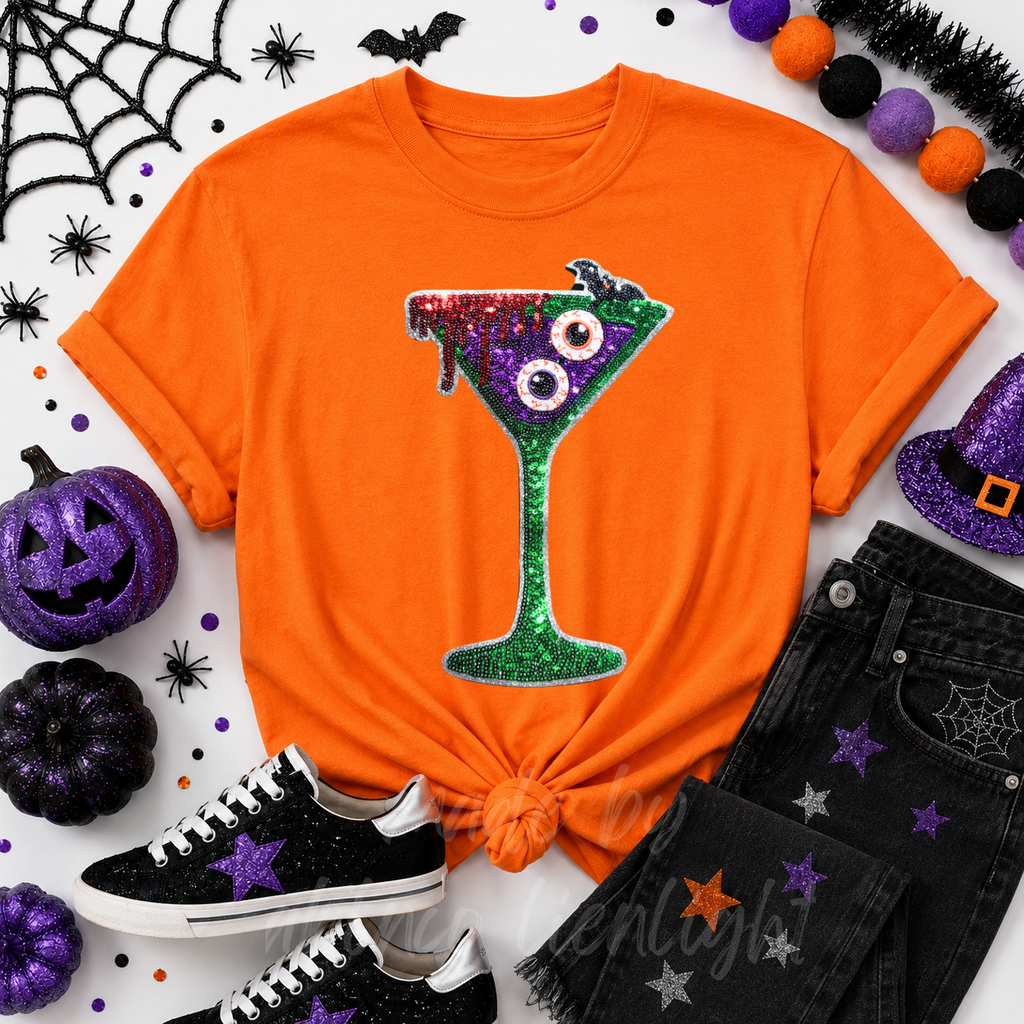 Bloody Eyeballs Martini Halloween Sequin Patch Tshirt