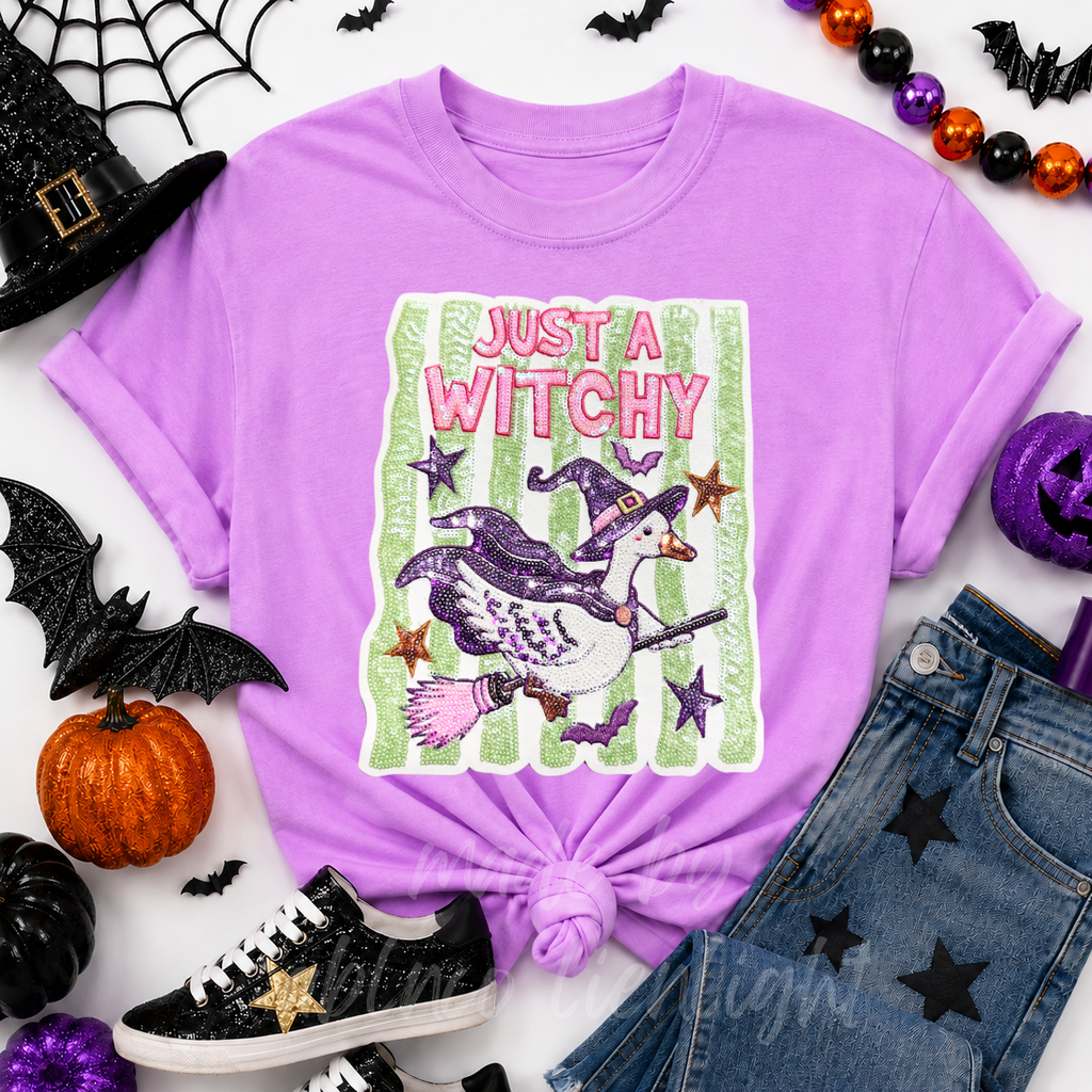 Just A Witchy Goose Halloween Sequin Patch Tshirt