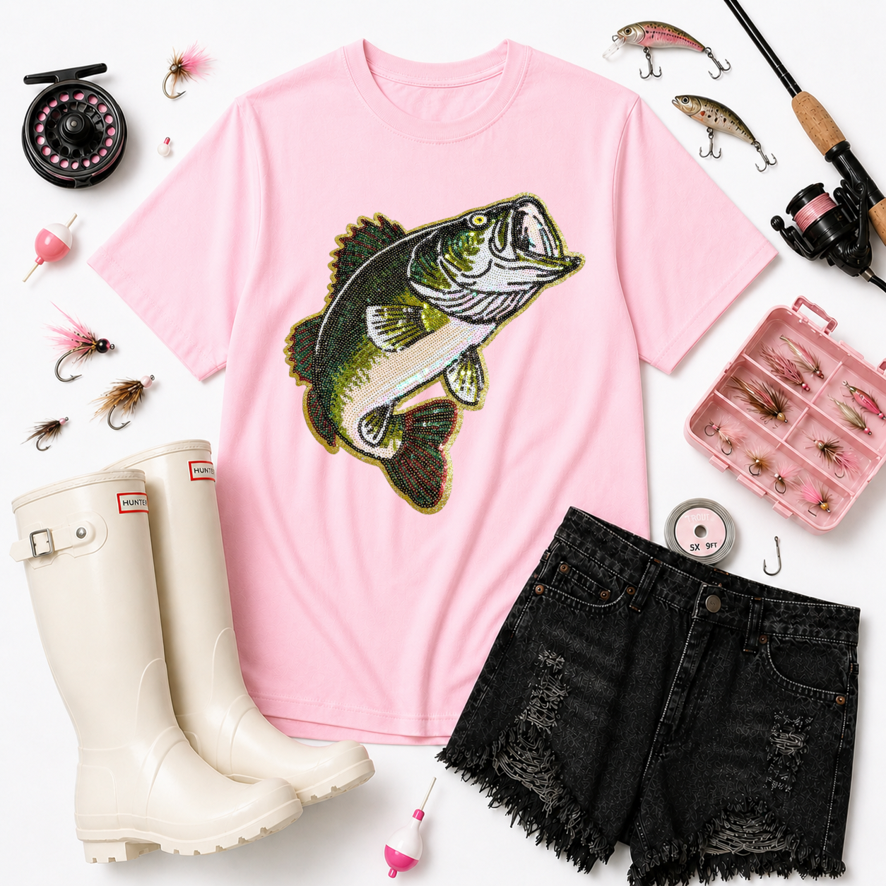 Bass Fishing Sequin Patch Tshirt