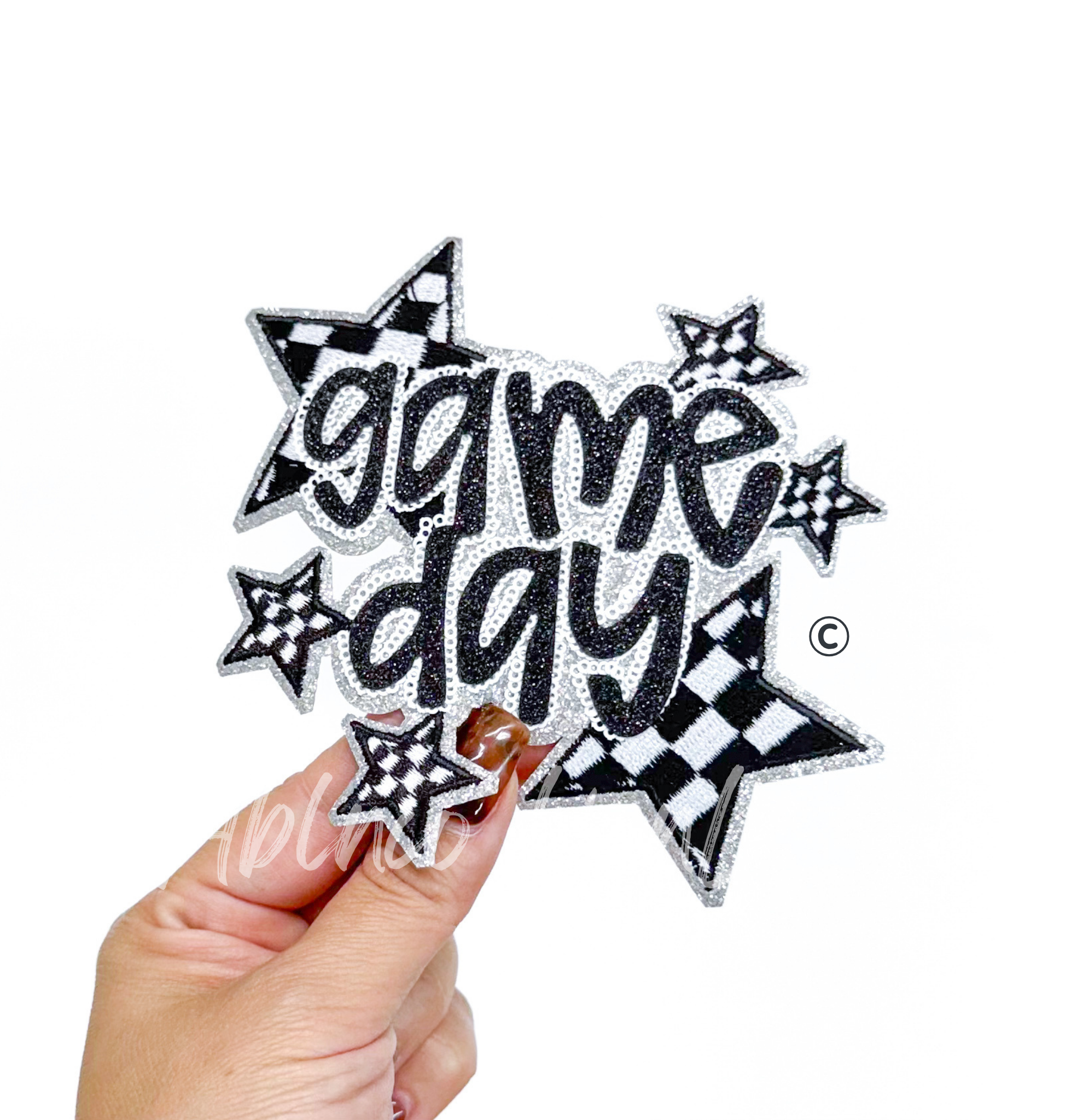 Black Game Day Checkered Star Sequin Glitter Patch