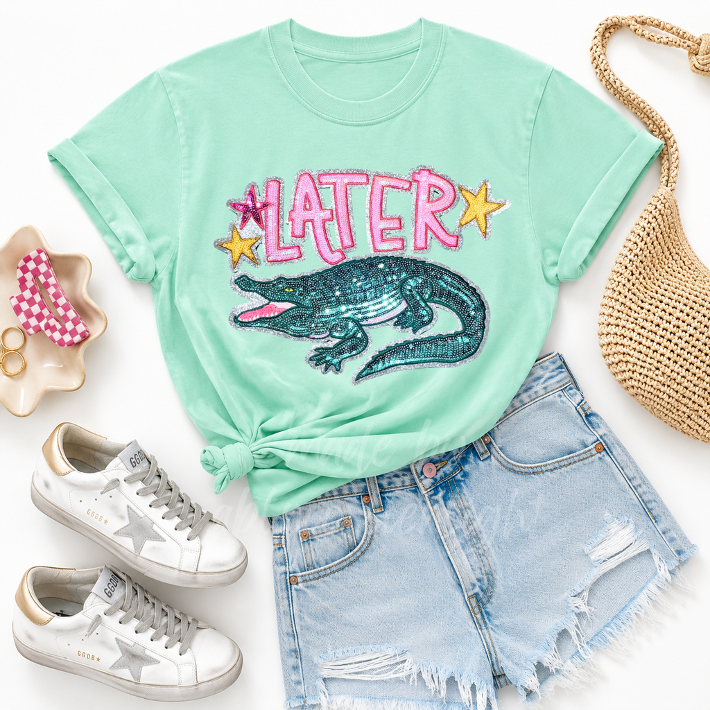 Later Gator After While Crocodile Summer Sequin Patch Tshirt