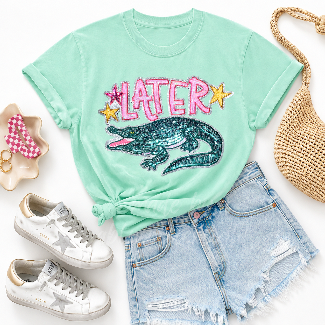 Later Gator After While Crocodile Summer Sequin Patch Tshirt