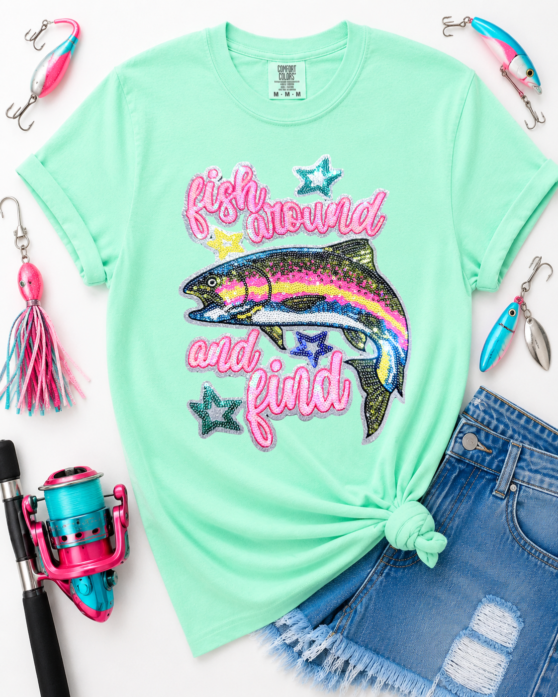 Fish Around And Find Trout Summer Sequin Patch Tshirt