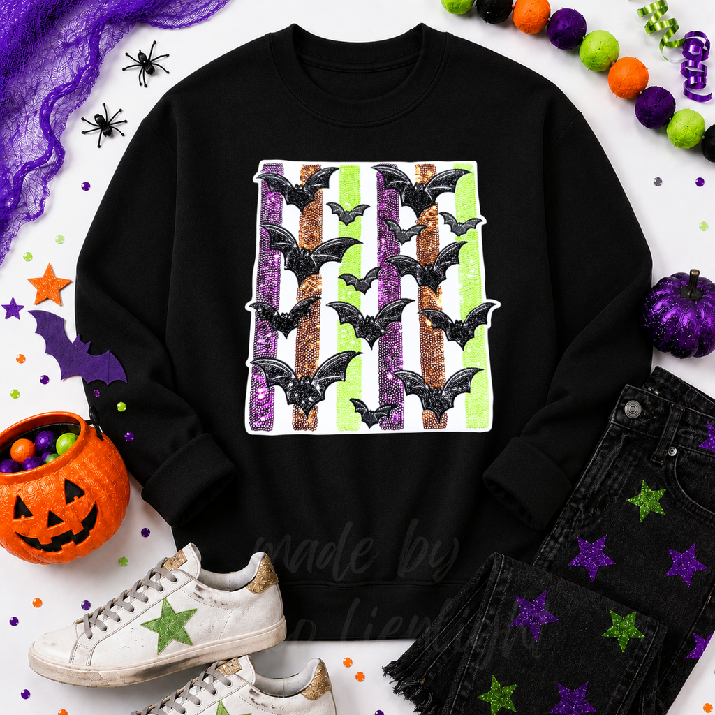 Colorful Striped Bats Halloween Sequin Patch Sweatshirt