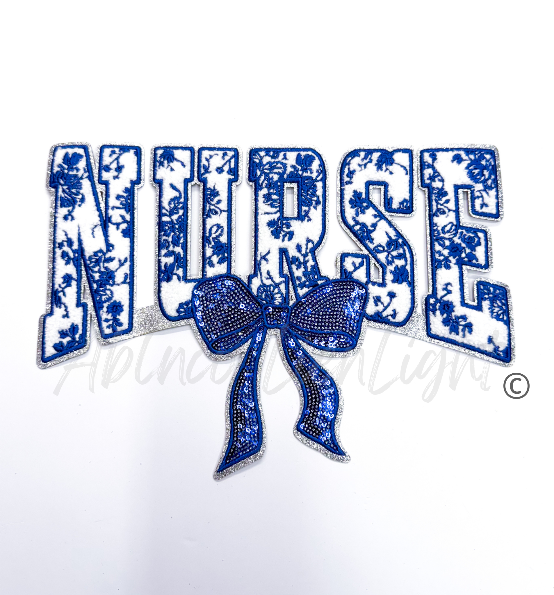 Blue Floral Grand Millennial Nurse Bow Sequins Chenille Patch