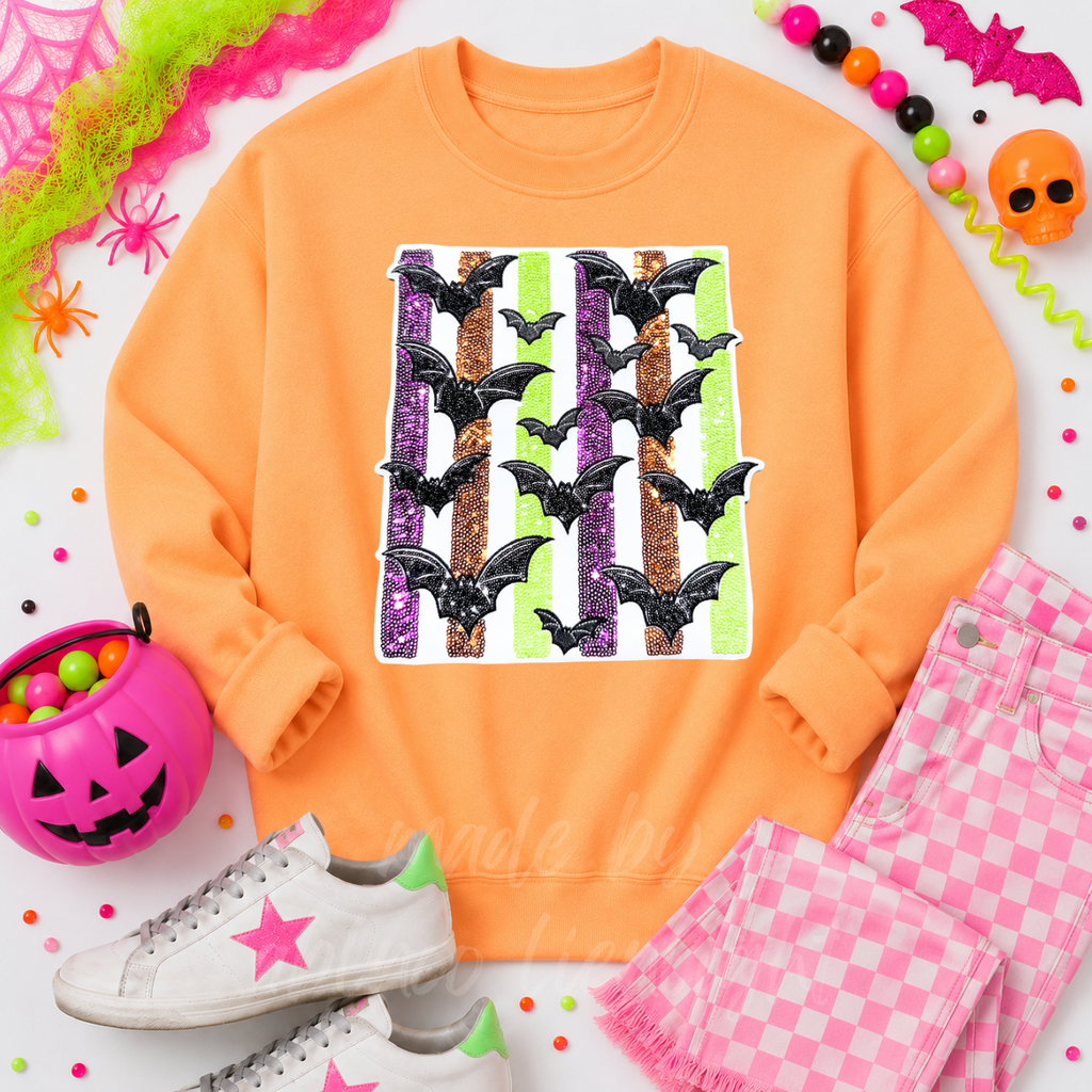 Colorful Striped Bats Halloween Sequin Patch Sweatshirt