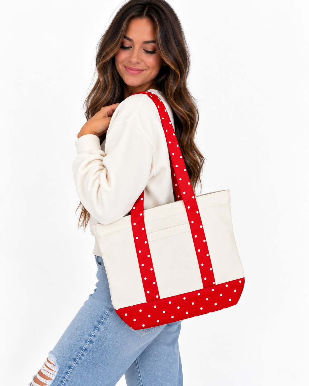 Red Polka Dot Canvas Large Tote Bag