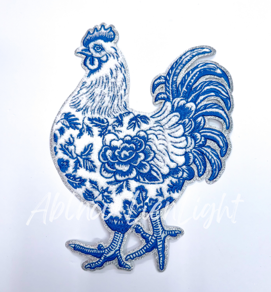 Blue Floral Grand Millennial Chicken Chenille Patch