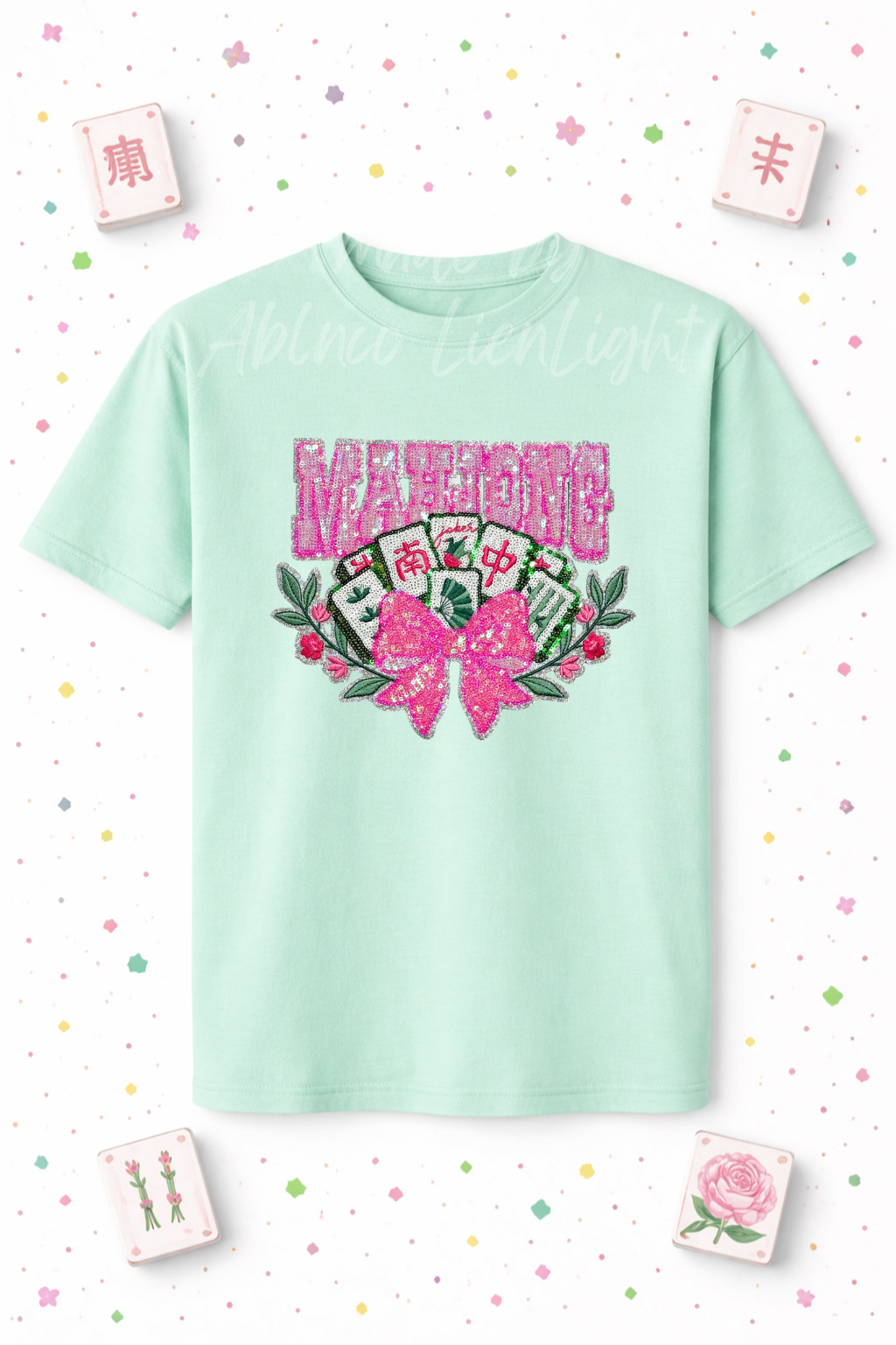 Pink Bow Mahjong Tiles Sequin Patch Tshirt