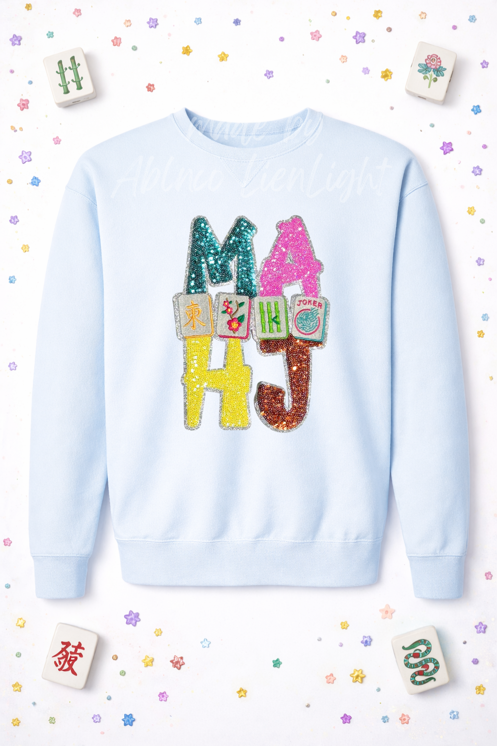 Colorful MAHJ Mahjong Tiles Sequin Patch Sweatshirt