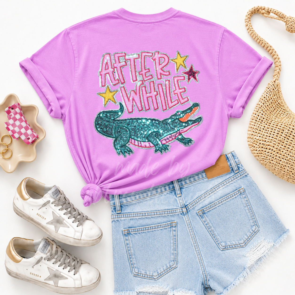 Later Gator After While Crocodile Summer Sequin Patch Tshirt