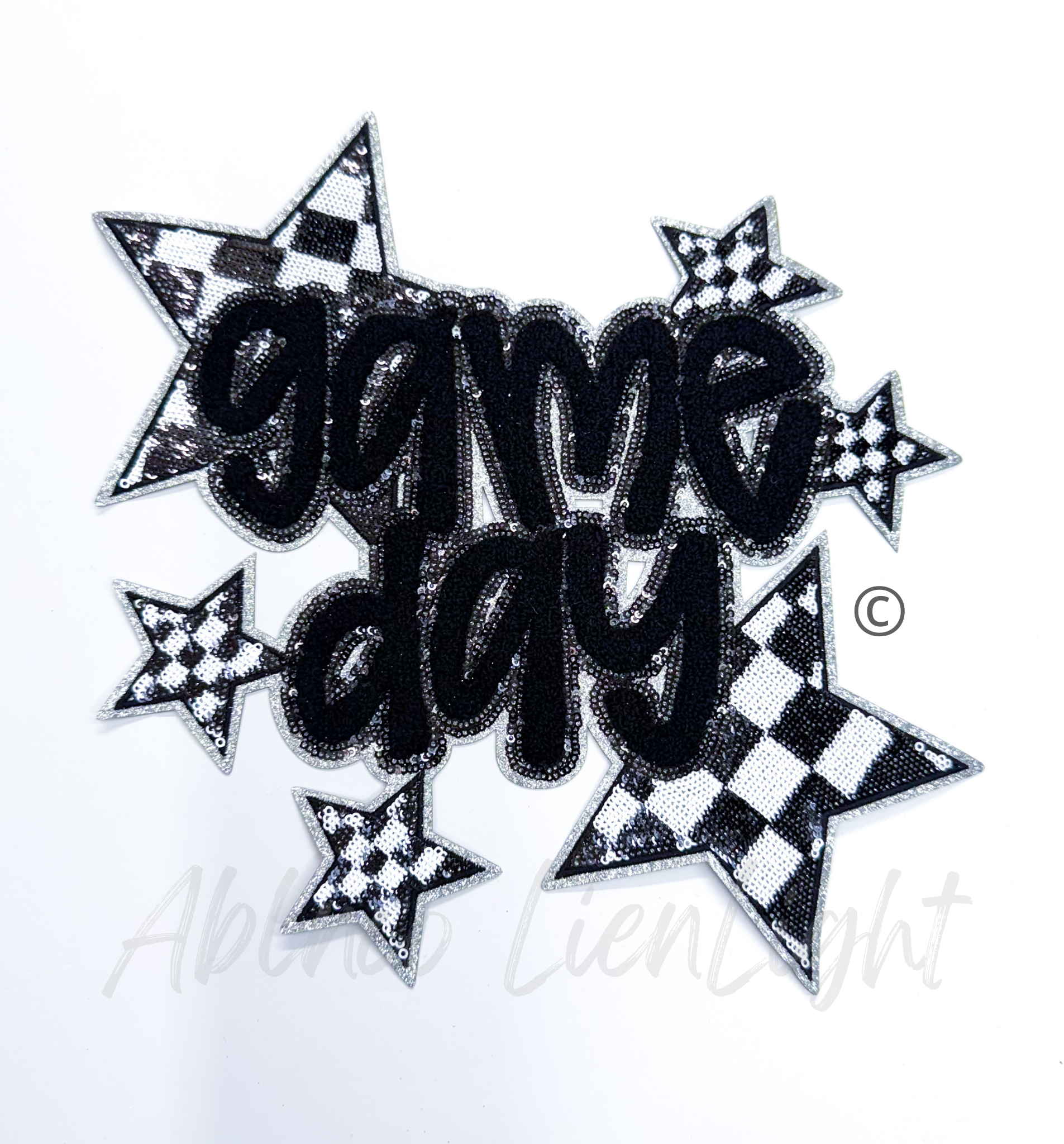 Black Game Day Checkered Star Chenille Sequin Patch - Large