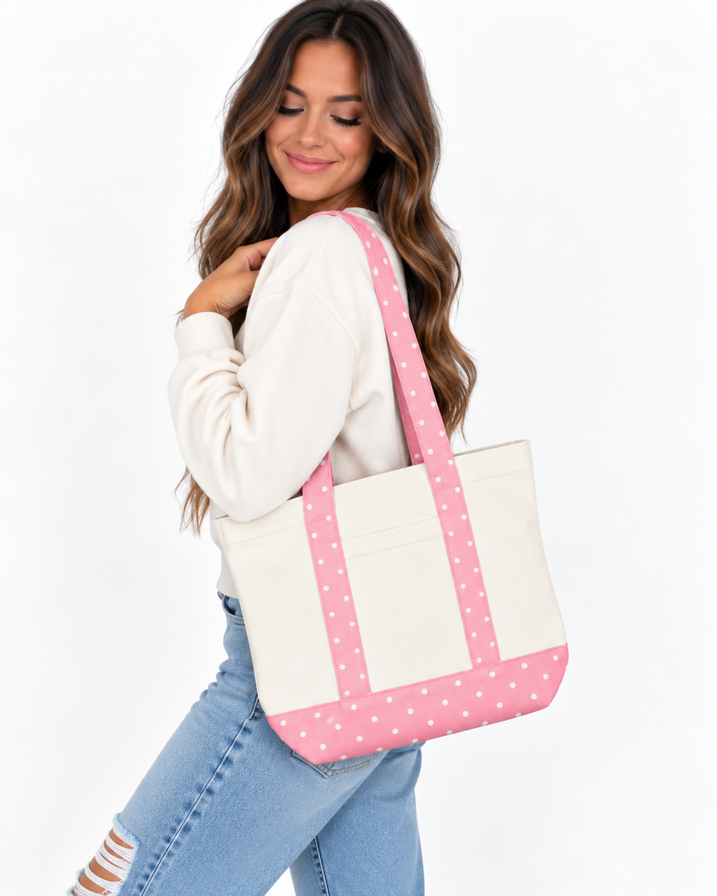 Pink Polka Dot Canvas Large Tote Bag