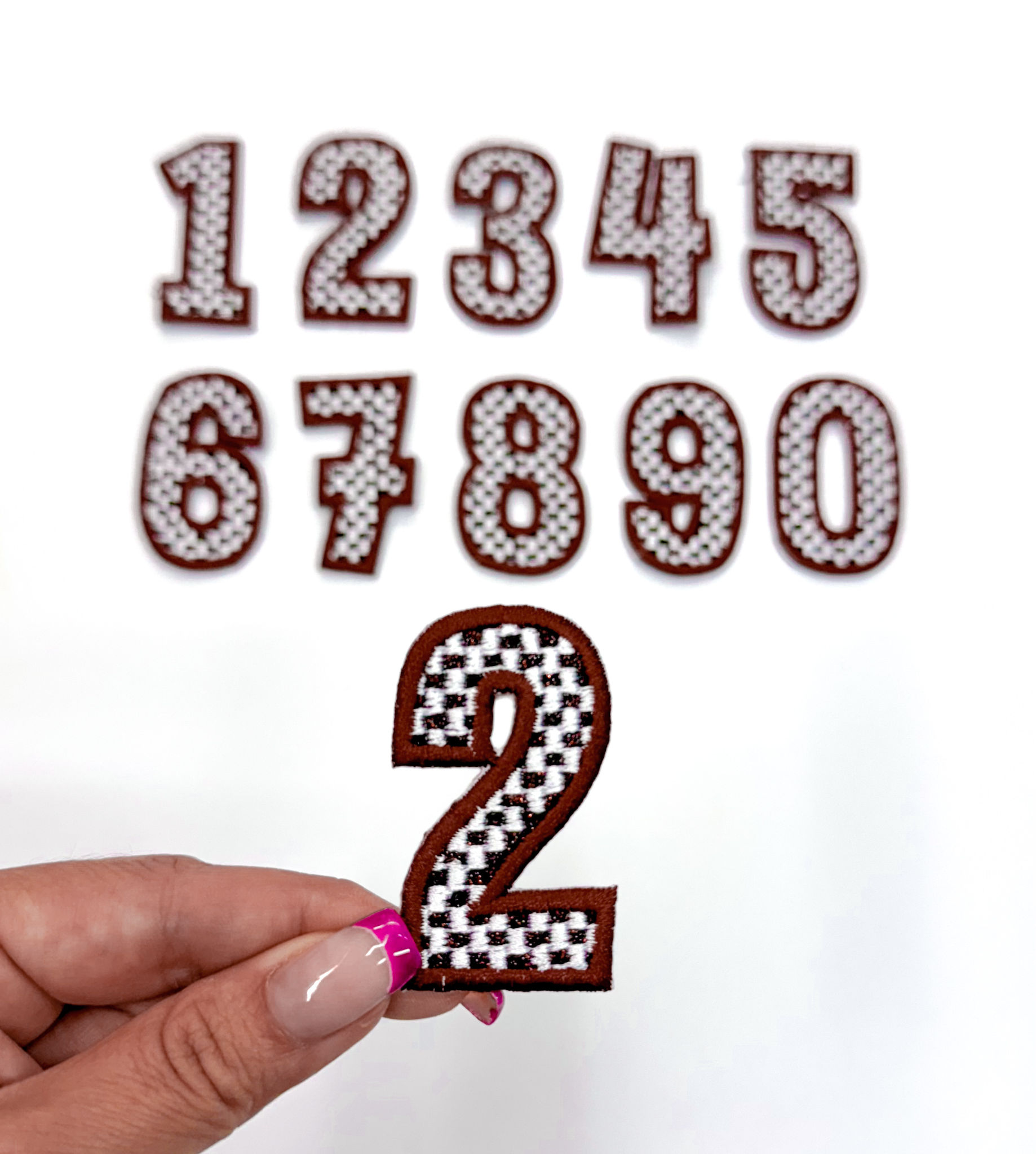 2” Maroon Checkered Numbers Glitter Embroidery Patch