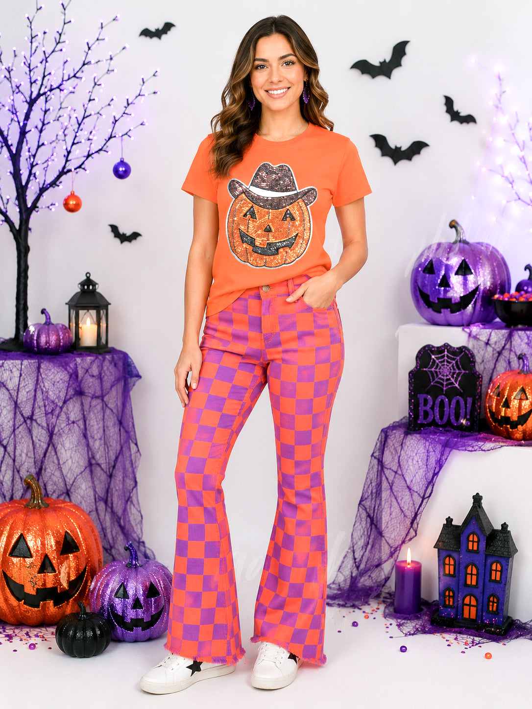 Cowboy Pumpkin Halloween Sequin Patch Tshirt