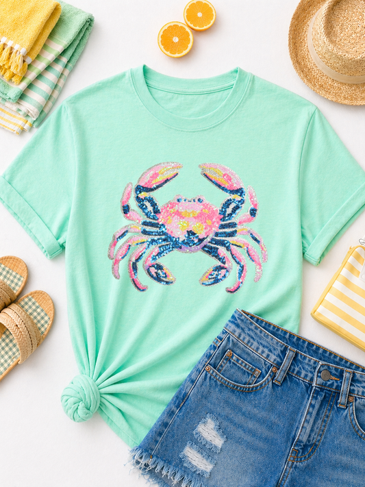 Pink and Blue Crab Summer Sequin Patch Tshirt