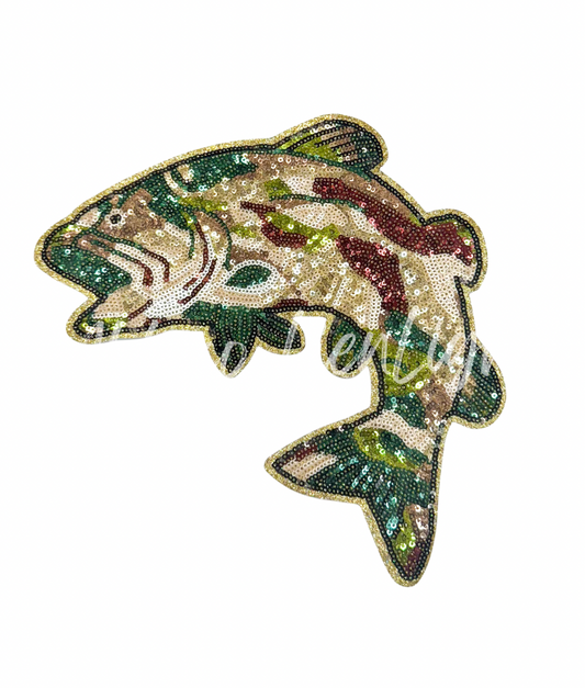 Camo Fish Fishing Hunting Sequin Patch - Large
