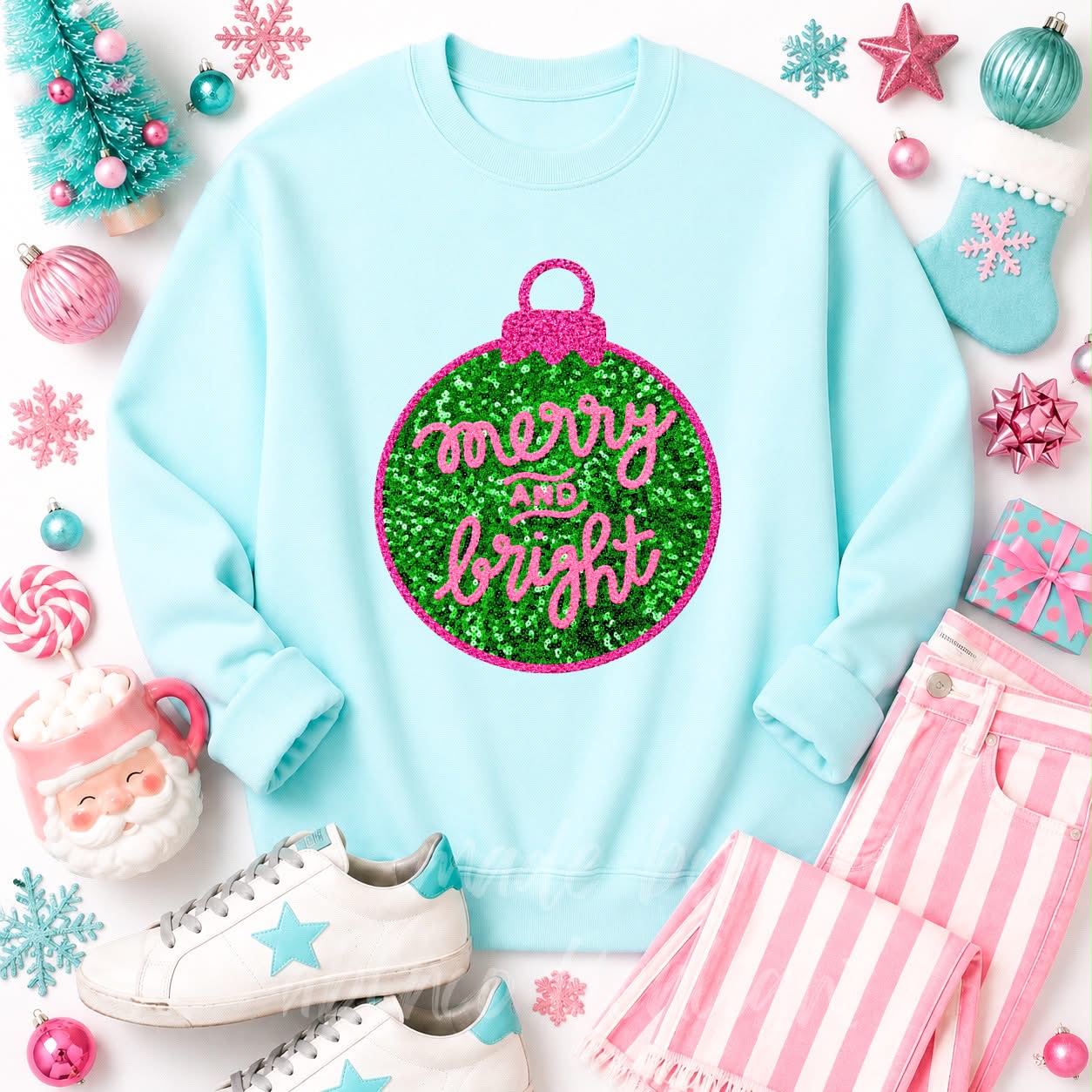 Merry & Bright Ornament Christmas Sequin Patch Sweatshirt