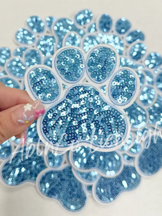 Light Blue Sequins Paw Print Embroidery Patch