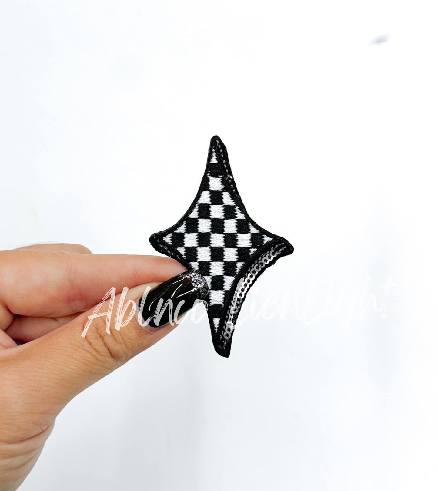 Black Checkered Diamond Star Embroidery Sequin Patch