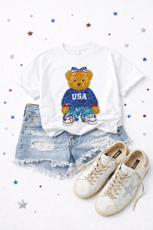 USA 4th of July Bear Sequin Patch Tshirt