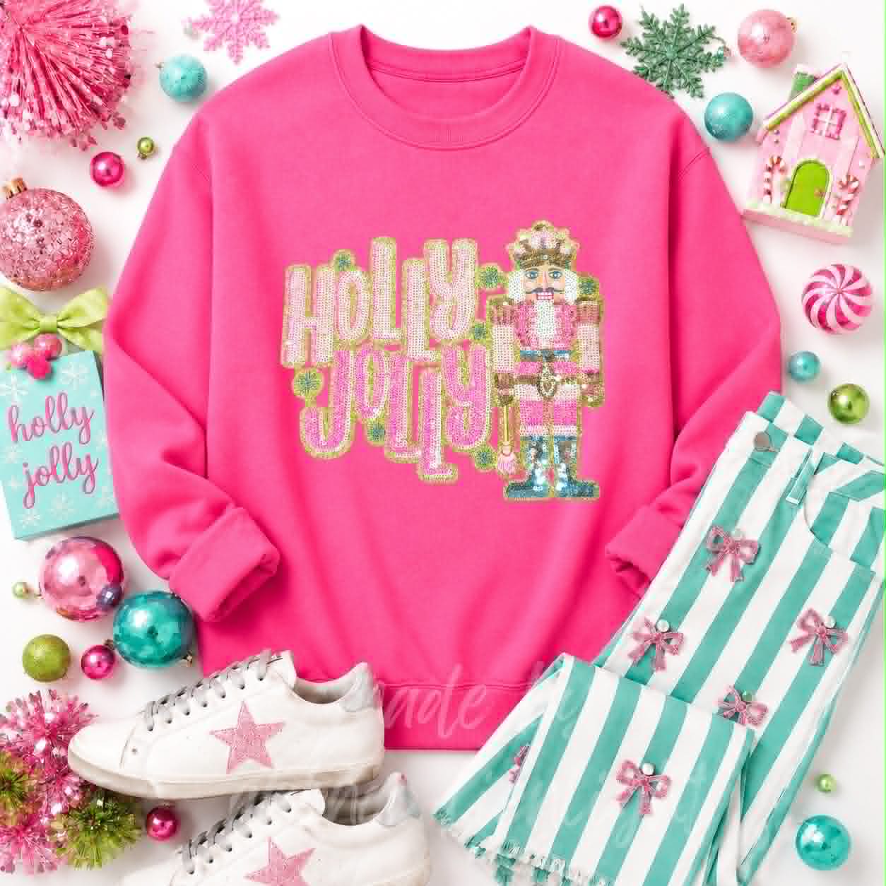 Holly Jolly Nutcracker Christmas Sequin Patch Sweatshirt