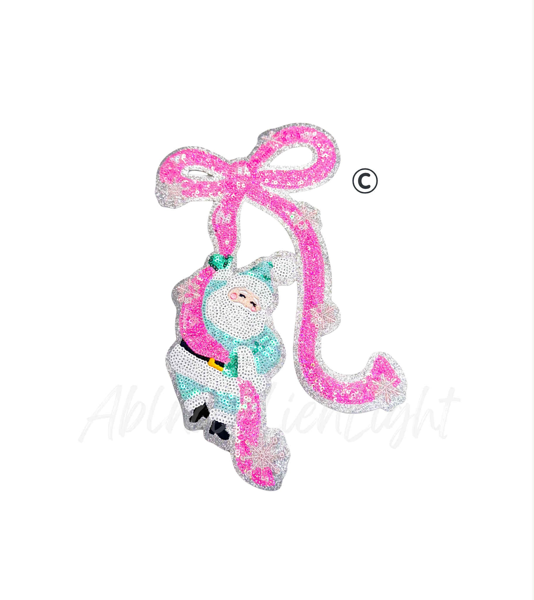 Pink Santa Bow Christmas Sequin Patch - Large