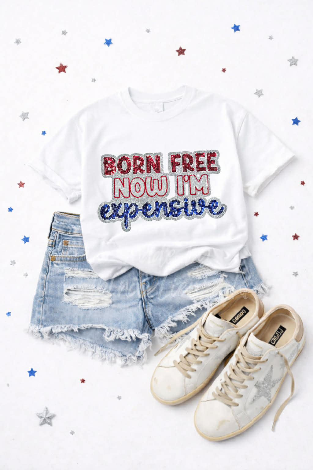Born Free Now I'm Expensive 4th of July Sequin Patch Tshirt